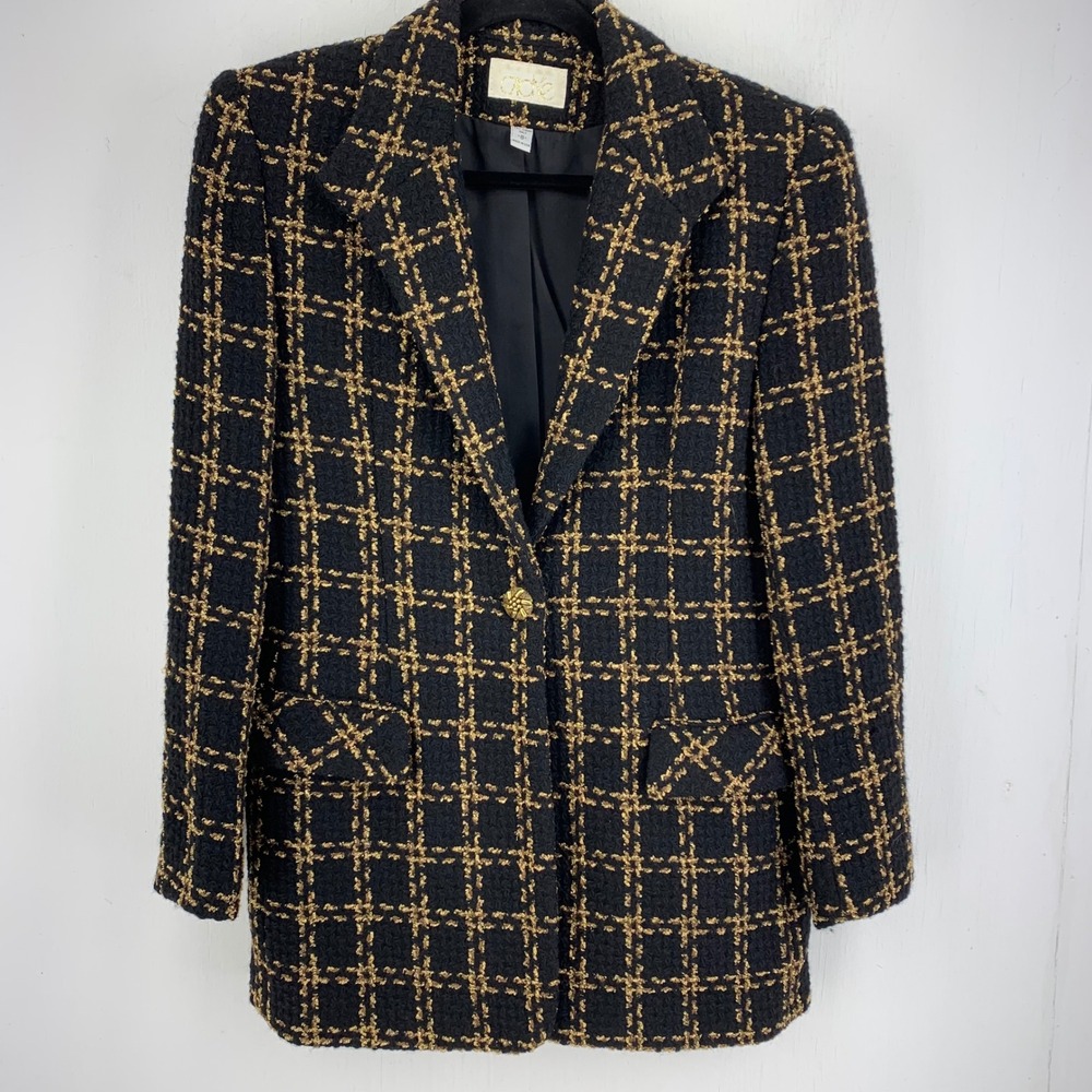Vtg 90s Cache Black Gold Metallic Plaid Blazer Jacket 8 Dark Academia Old Money